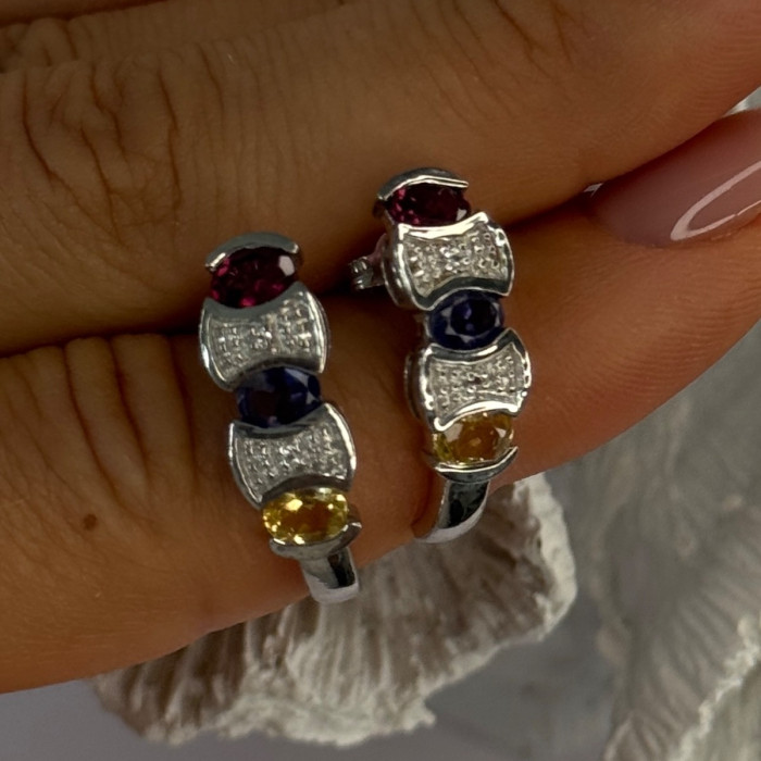 925 Sterling Silver Ruby Tanzanite Citrine Diamond Earrings Length 0.90 Inch