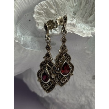 925 Sterling Silver Garnet & Marcasite Earrings Length 1.5 Inch