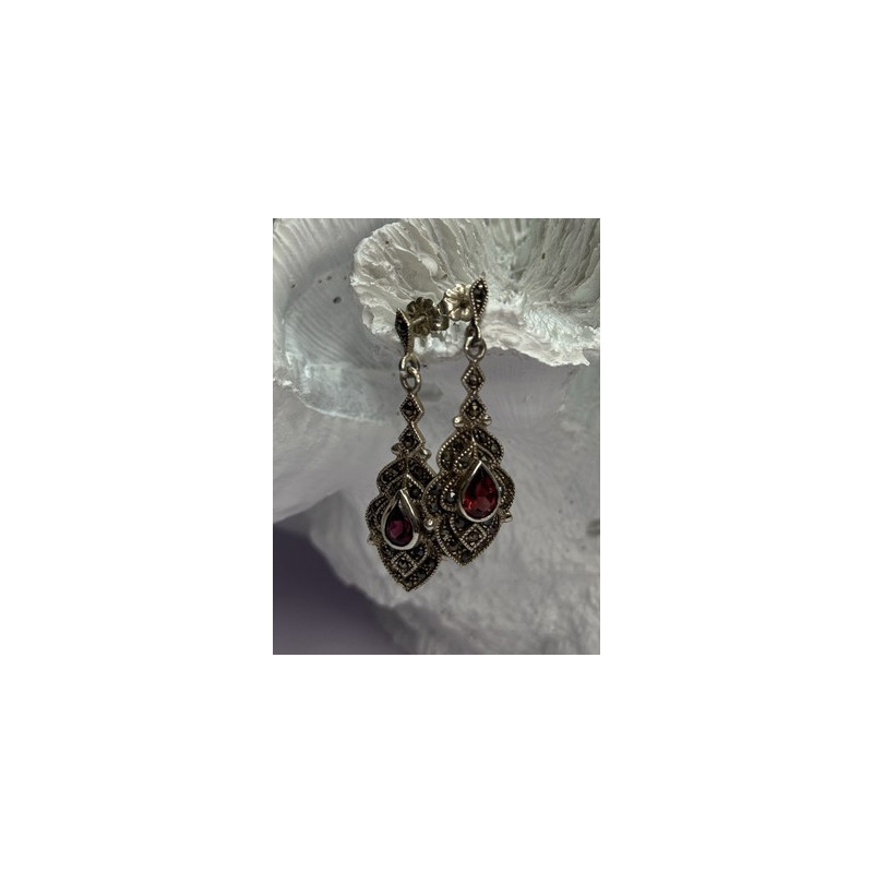 925 Sterling Silver Garnet & Marcasite Earrings Length 1.5 Inch