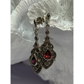 925 Sterling Silver Garnet & Marcasite Earrings Length 1.5 Inch