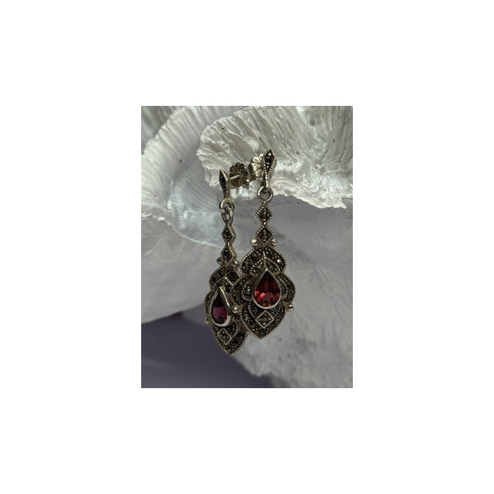 925 Sterling Silver Garnet & Marcasite Earrings Length 1.5 Inch