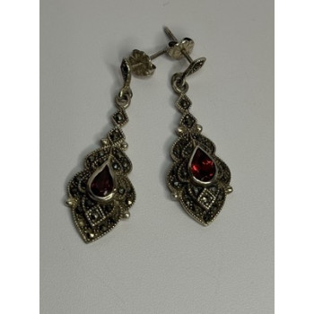 925 Sterling Silver Garnet & Marcasite Earrings Length 1.5 Inch