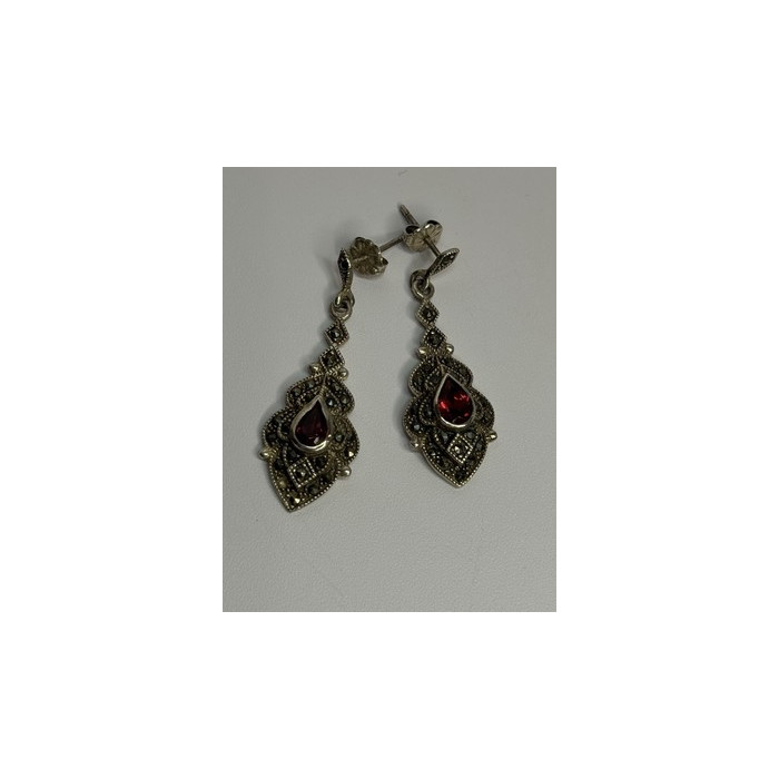 925 Sterling Silver Garnet & Marcasite Earrings Length 1.5 Inch