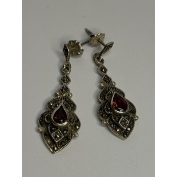 925 Sterling Silver Garnet & Marcasite Earrings Length 1.5 Inch