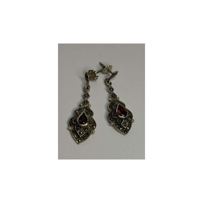 925 Sterling Silver Garnet & Marcasite Earrings Length 1.5 Inch