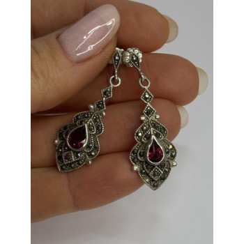 925 Sterling Silver Garnet & Marcasite Earrings Length 1.5 Inch