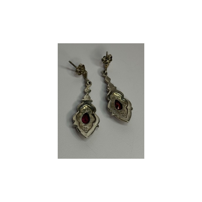 925 Sterling Silver Garnet & Marcasite Earrings Length 1.5 Inch