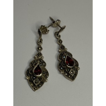 925 Sterling Silver Garnet & Marcasite Earrings Length 1.5 Inch
