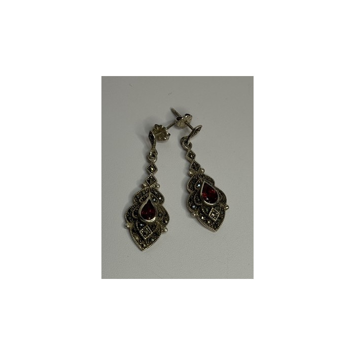 925 Sterling Silver Garnet & Marcasite Earrings Length 1.5 Inch