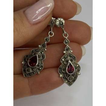 925 Sterling Silver Garnet & Marcasite Earrings Length 1.5 Inch