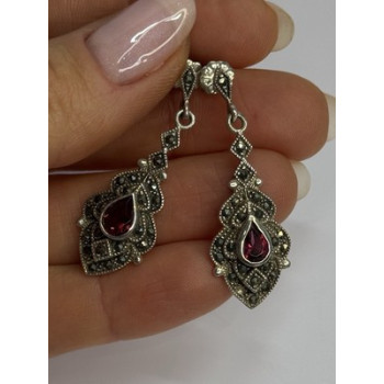 925 Sterling Silver Garnet & Marcasite Earrings Length 1.5 Inch