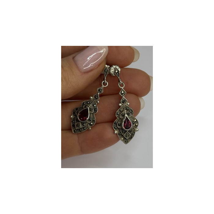 925 Sterling Silver Garnet & Marcasite Earrings Length 1.5 Inch