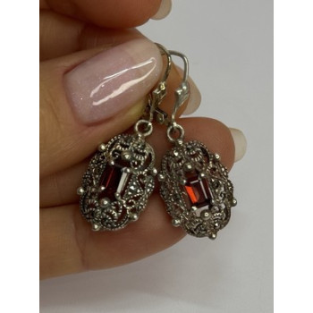 925 Sterling Silver Garnet & Marcasite Earrings Length 1.4 Inch