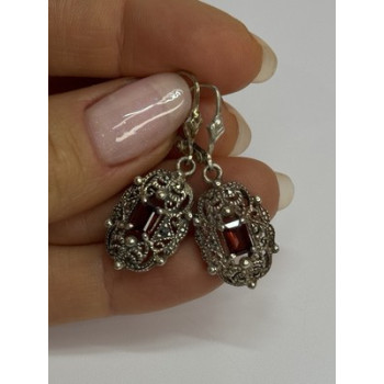 925 Sterling Silver Garnet & Marcasite Earrings Length 1.4 Inch