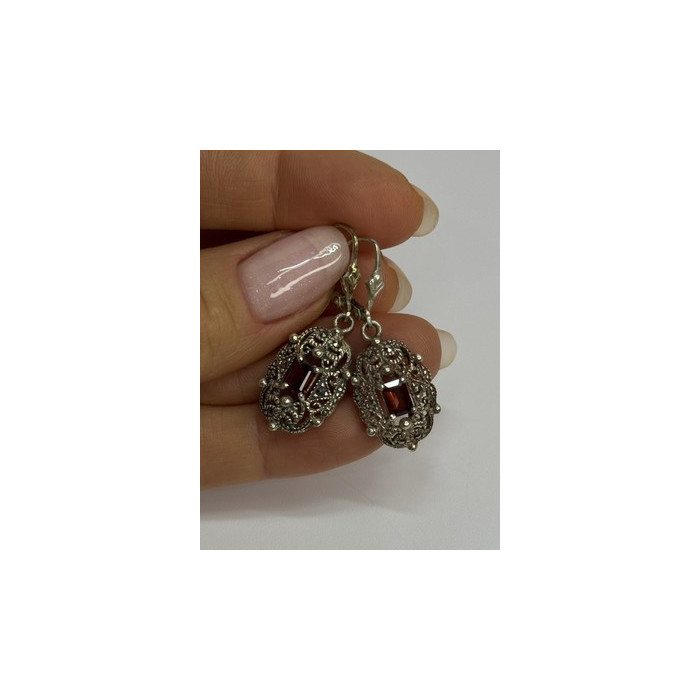 925 Sterling Silver Garnet & Marcasite Earrings Length 1.4 Inch