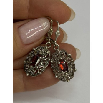 925 Sterling Silver Garnet & Marcasite Earrings Length 1.4 Inch