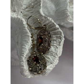 925 Sterling Silver Garnet & Marcasite Earrings Length 1.4 Inch