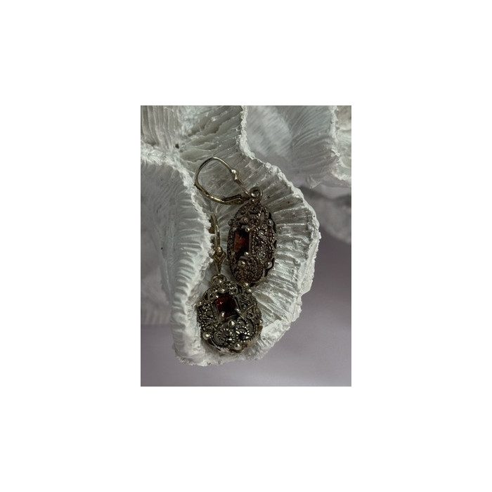 925 Sterling Silver Garnet & Marcasite Earrings Length 1.4 Inch