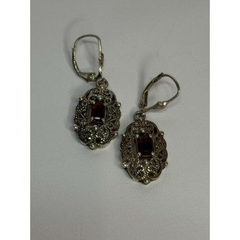 925 Sterling Silver Garnet & Marcasite Earrings Length 1.4 Inch