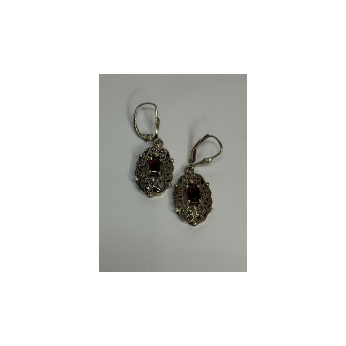 925 Sterling Silver Garnet & Marcasite Earrings Length 1.4 Inch