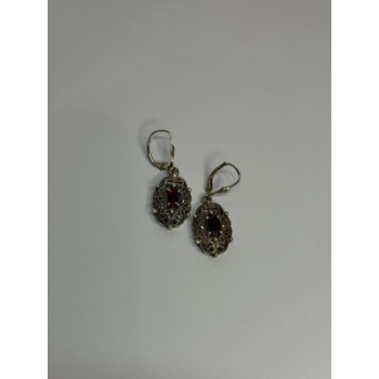 925 Sterling Silver Garnet & Marcasite Earrings Length 1.4 Inch