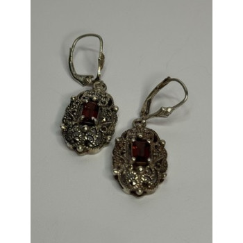 925 Sterling Silver Garnet & Marcasite Earrings Length 1.4 Inch