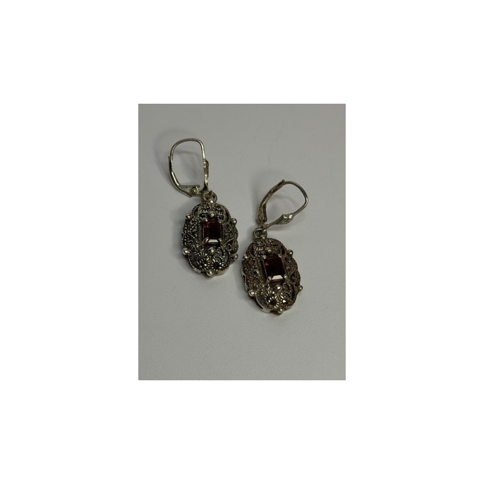 925 Sterling Silver Garnet & Marcasite Earrings Length 1.4 Inch