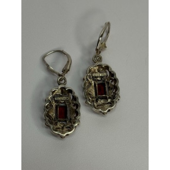 925 Sterling Silver Garnet & Marcasite Earrings Length 1.4 Inch