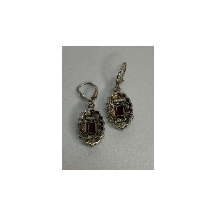 925 Sterling Silver Garnet & Marcasite Earrings Length 1.4 Inch