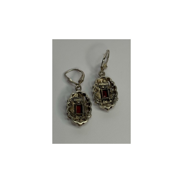 925 Sterling Silver Garnet & Marcasite Earrings Length 1.4 Inch