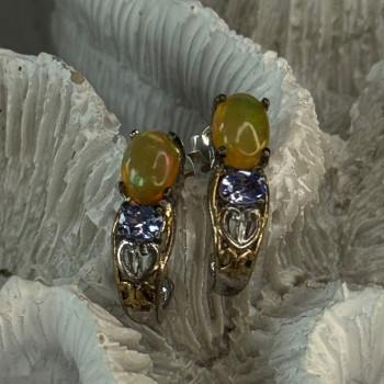 925 Sterling Silver Yellow Opal & Tanzanite Earrings Length 0.70 Inch