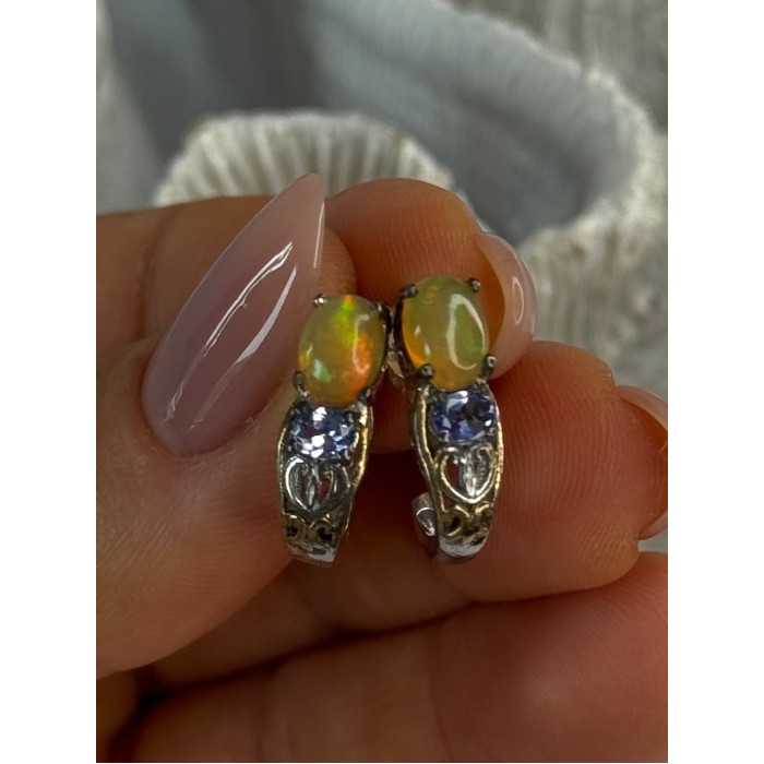 925 Sterling Silver Yellow Opal & Tanzanite Earrings Length 0.70 inch