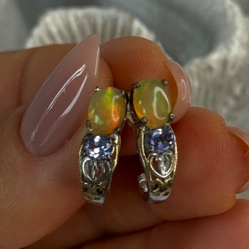 925 Sterling Silver Yellow Opal & Tanzanite Earrings Length 0.70 Inch