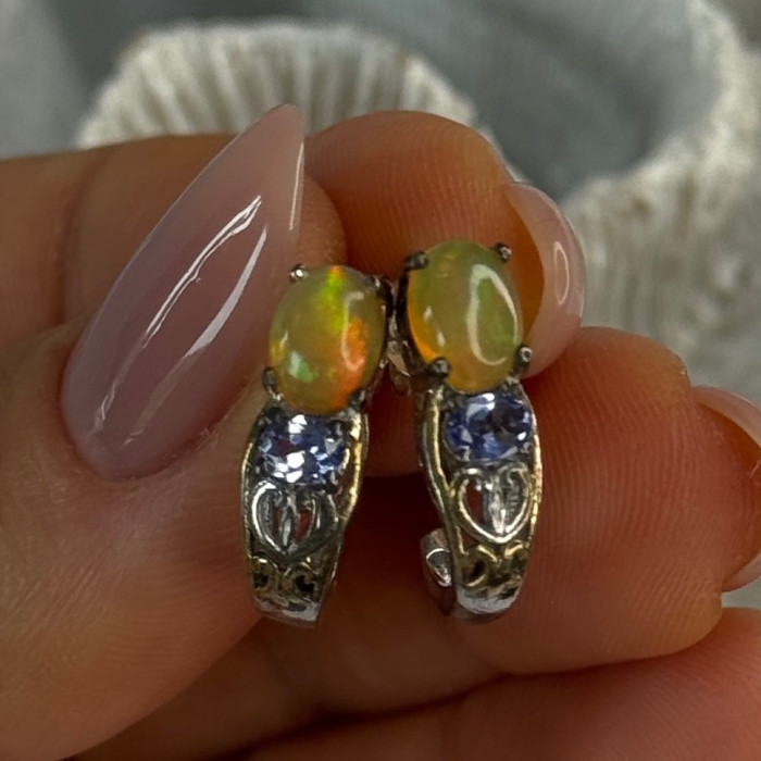 925 Sterling Silver Yellow Opal & Tanzanite Earrings Length 0.70 Inch