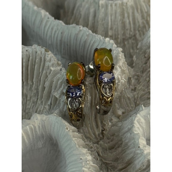 925 Sterling Silver Yellow Opal & Tanzanite Earrings Length 0.70 inch