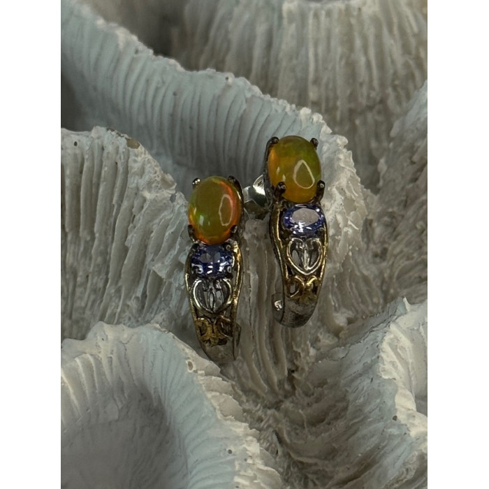 925 Sterling Silver Yellow Opal & Tanzanite Earrings Length 0.70 inch