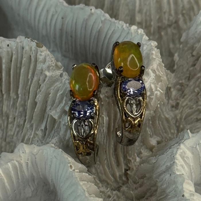 925 Sterling Silver Yellow Opal & Tanzanite Earrings Length 0.70 Inch