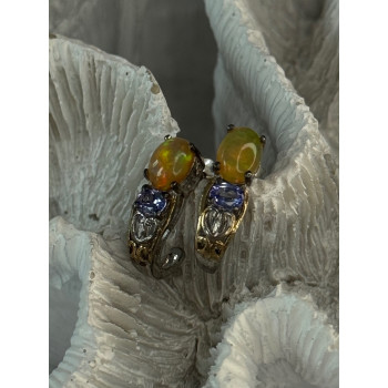 925 Sterling Silver Yellow Opal & Tanzanite Earrings Length 0.70 inch