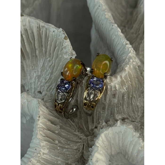 925 Sterling Silver Yellow Opal & Tanzanite Earrings Length 0.70 inch