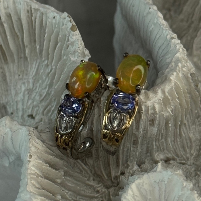 925 Sterling Silver Yellow Opal & Tanzanite Earrings Length 0.70 Inch