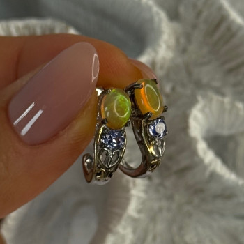 925 Sterling Silver Yellow Opal & Tanzanite Earrings Length 0.70 Inch