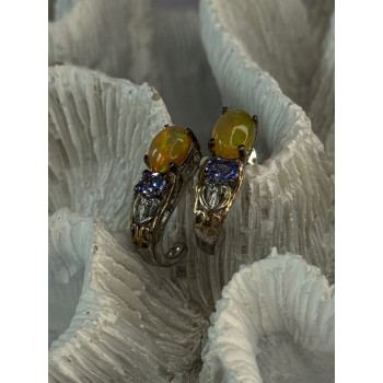 925 Sterling Silver Yellow Opal & Tanzanite Earrings Length 0.70 inch