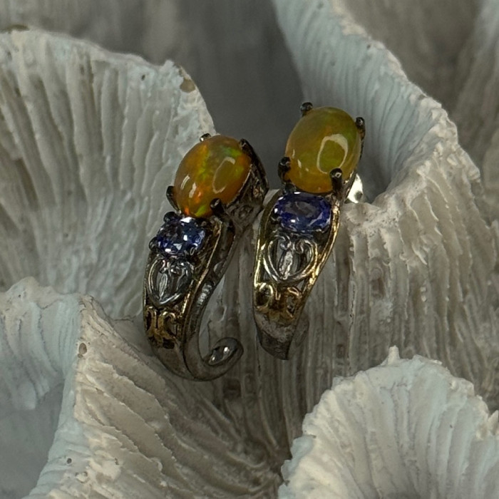925 Sterling Silver Yellow Opal & Tanzanite Earrings Length 0.70 Inch