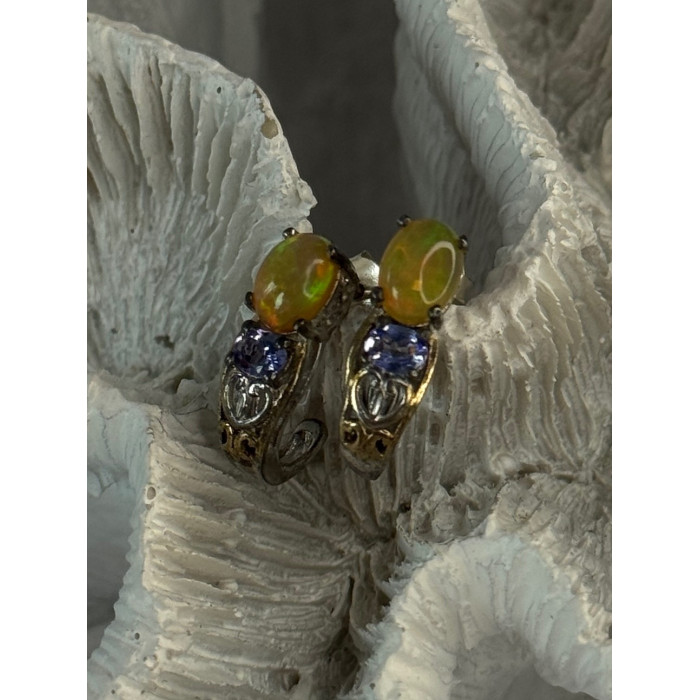 925 Sterling Silver Yellow Opal & Tanzanite Earrings Length 0.70 inch