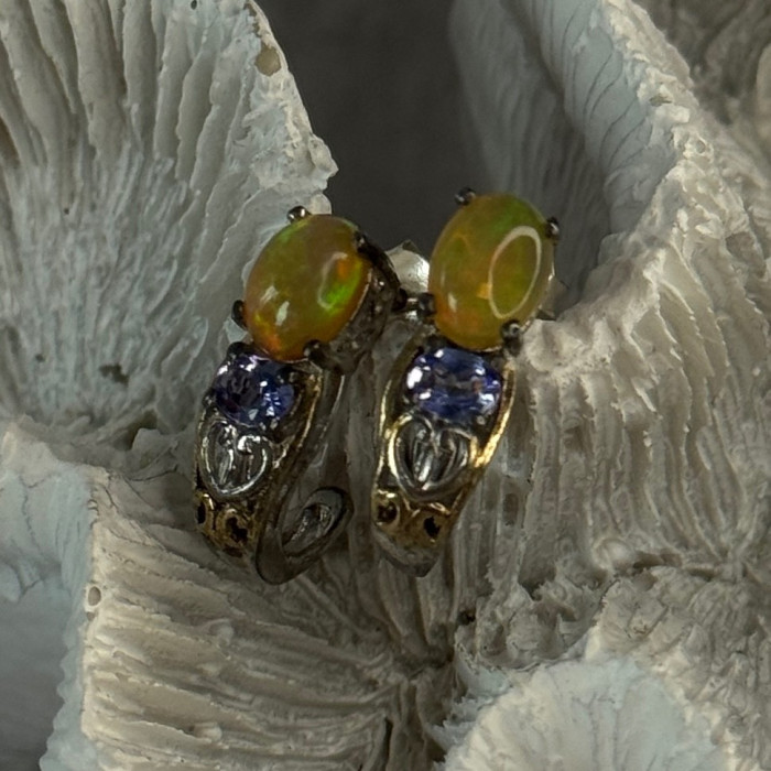 925 Sterling Silver Yellow Opal & Tanzanite Earrings Length 0.70 Inch