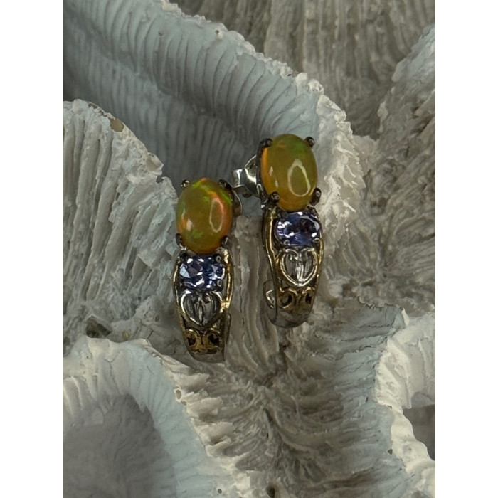 925 Sterling Silver Yellow Opal & Tanzanite Earrings Length 0.70 inch
