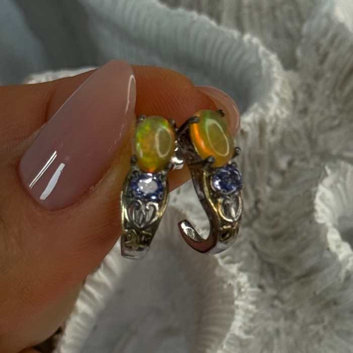 925 Sterling Silver Yellow Opal & Tanzanite Earrings Length 0.70 Inch