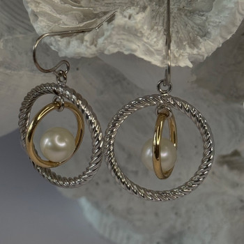 Elegant Design 925 Sterling Silver Gold Plated Part Pearl Earrings Length 1.30