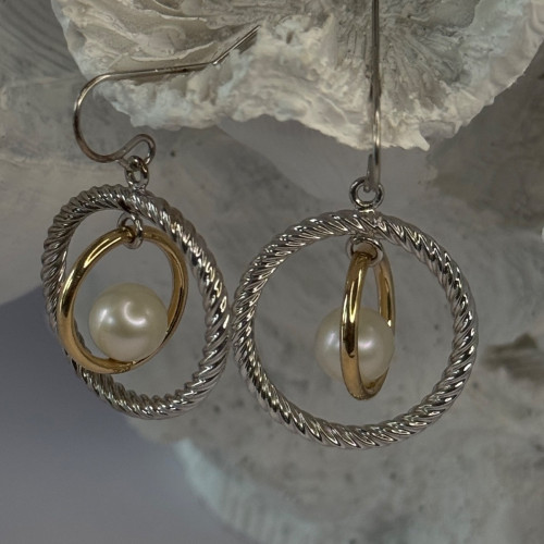 Elegant Design 925 Sterling Silver Gold Plated Part Pearl Earrings Length 1.30