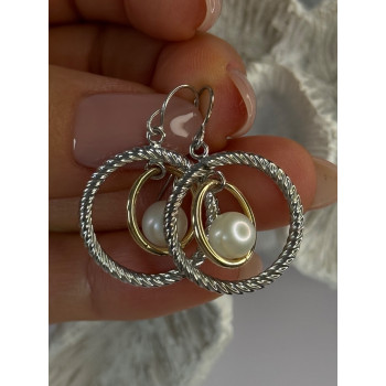 Elegant Design 925 Sterling Silver Gold Plated Part Pearl Earrings Length 1.30